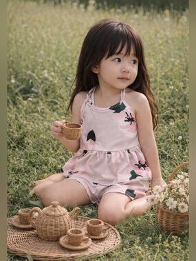 New 2pc Mauve Floral Print Soft Peplum Halter Set 2T